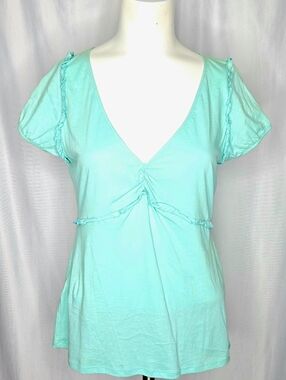 BCBGMaxAzria Aqua V-Neck Ruffle Trim Short Sleeve Top Size M NWOT